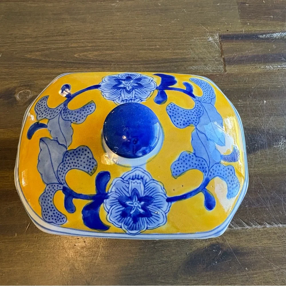 Vintage Blue Yellow Chinese Ceramic Box Jewelry Catchall Lid Trinket Lidded Bowl - Picture 2 of 11
